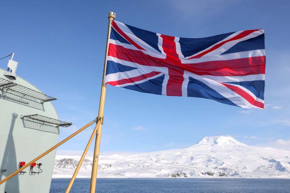 Aircraft carrier HMS Prince of Wales visiting the remote Norwegian Island of Jan Mayen in April 2022. (Source: Royal Navy)